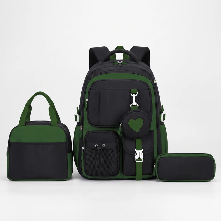 Unisex geometric school backpack & matching detachable pouch, multi-compartment for school.