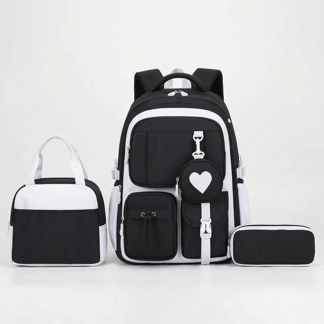 Multi-compartment geometric school backpack, keeping student essentials tidy with a detachable pouch.