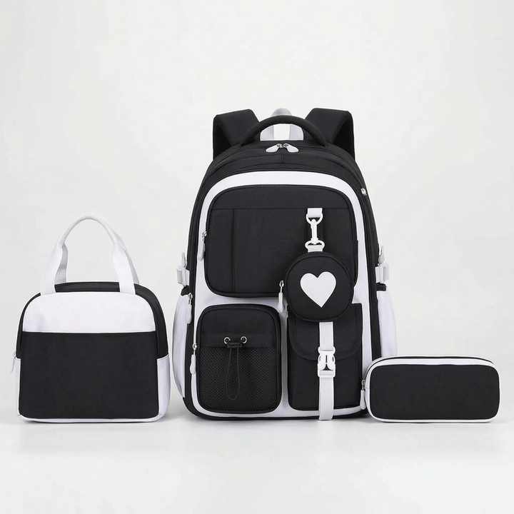 Multi-compartment geometric school backpack, keeping student essentials tidy with a detachable pouch.