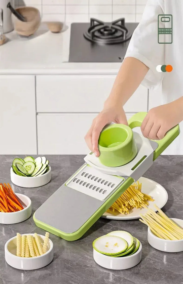 Multi-function mandoline vegetable slicer for quick, easy kitchen food prep.
