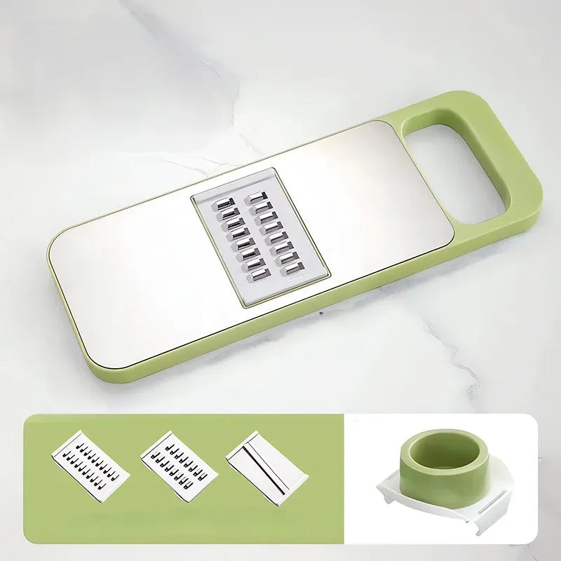 Robust multi-blade mandoline slicer, chopper, and grater for heavy-duty kitchen tasks.