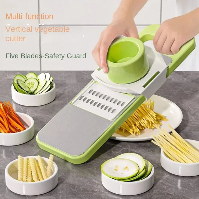 Versatile mandoline slicer with sharp blades for julienne, slicing, and grating.