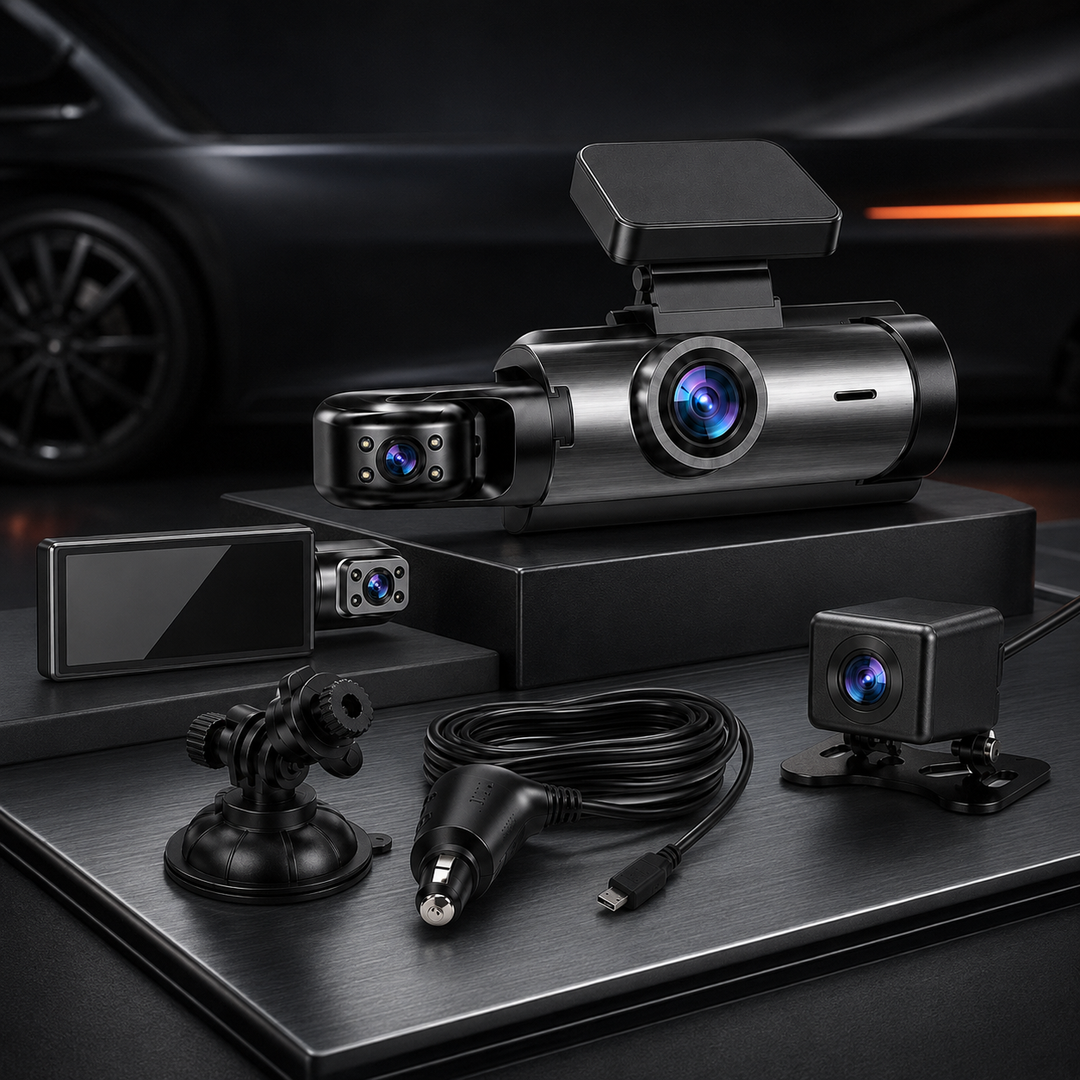 Full HD dual lens dash cam with loop recording & G-sensor for comprehensive vehicle security & accident evidence.