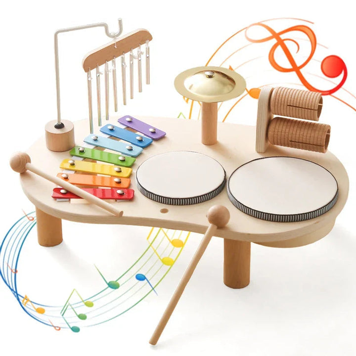 Preschool musical activity center. Kids' xylophone, drums, and bell for creative play & early rhythm development.