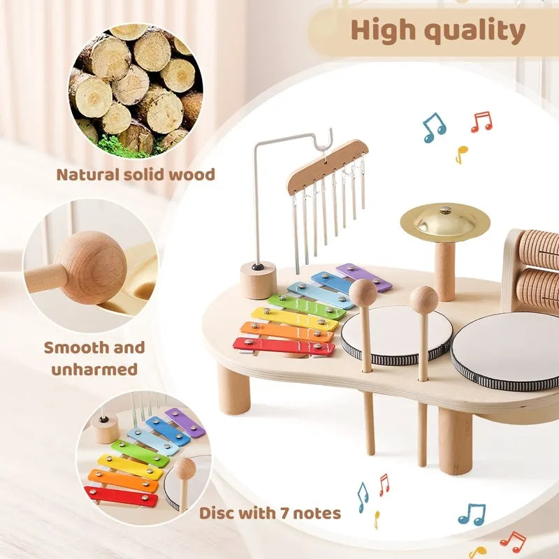 Engaging musical activity table for children. Develops rhythm & fine motor skills using xylophone, drums, bell.