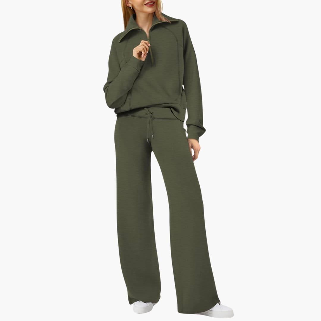 Khaki women's two-piece lounge set. Half-zip top & wide-leg drawstring pants. Cozy, relaxed fit fashion.
