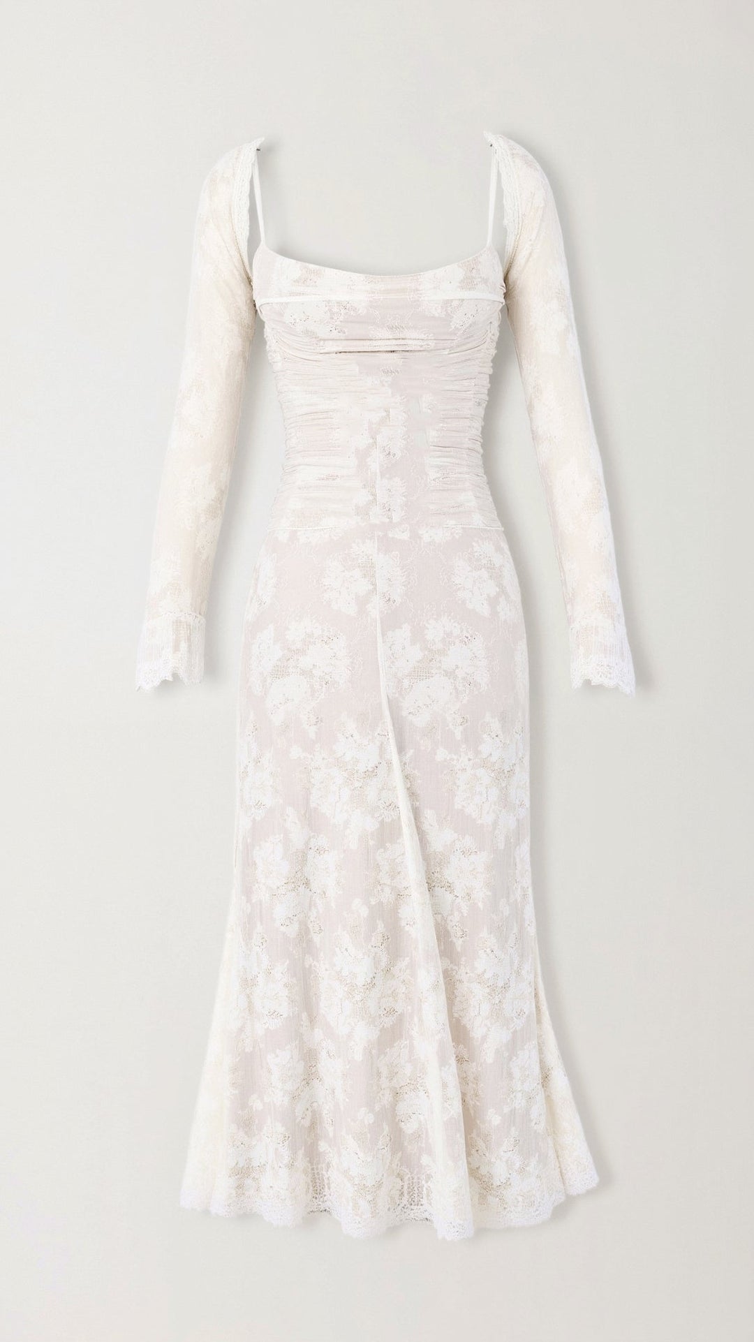 Detailed view of a women's elegant lace maxi dress, ideal for evening wear, formal dinners, or galas.