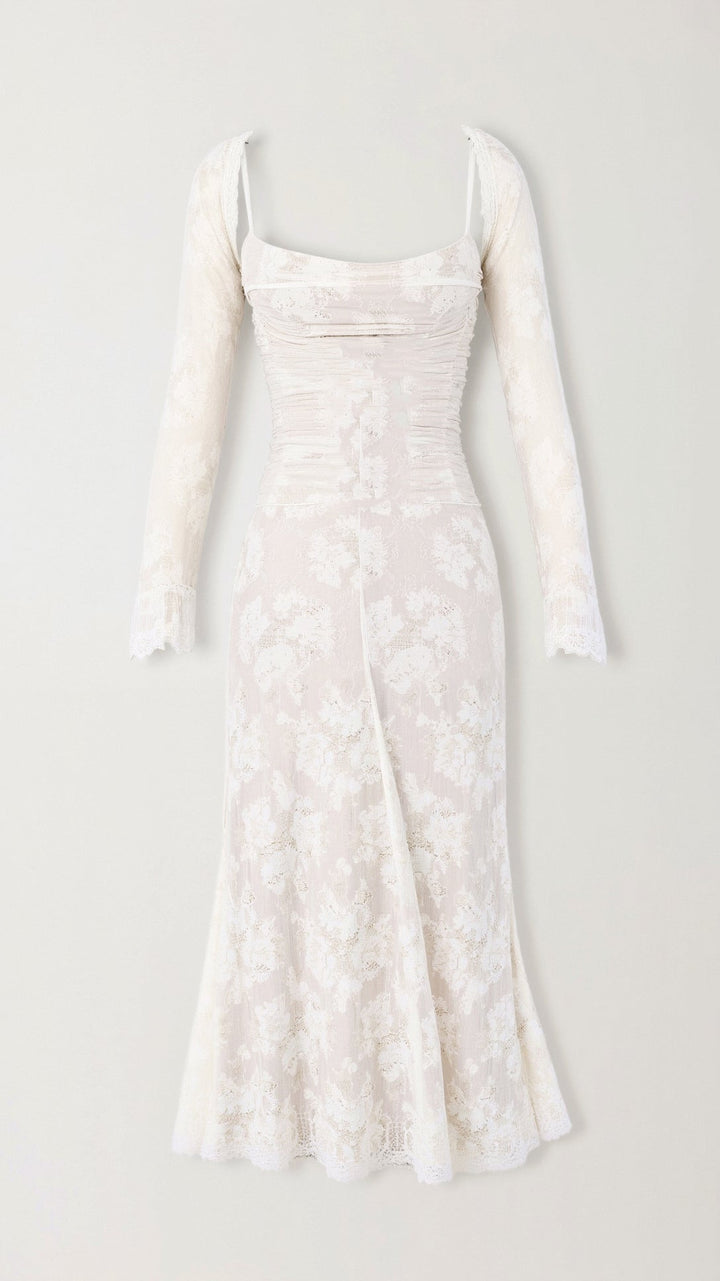 Detailed view of a women's elegant lace maxi dress, ideal for evening wear, formal dinners, or galas.