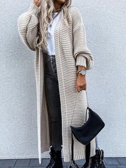 Comfortable knit women's long cardigan with an open front design, essential for everyday fashion.