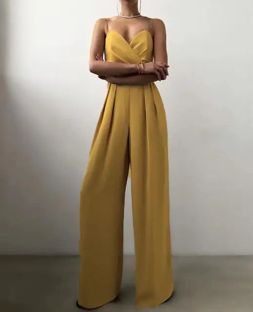 Comfortable solid color wide leg jumpsuit for women, suitable for casual fashion.