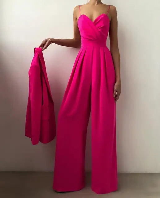 Effortless women's elegant wide leg jumpsuit with spaghetti straps, versatile for any occasion.