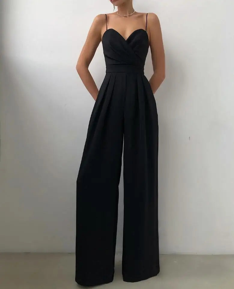 Women's elegant solid color wide leg jumpsuit, offering versatile style for day or night.