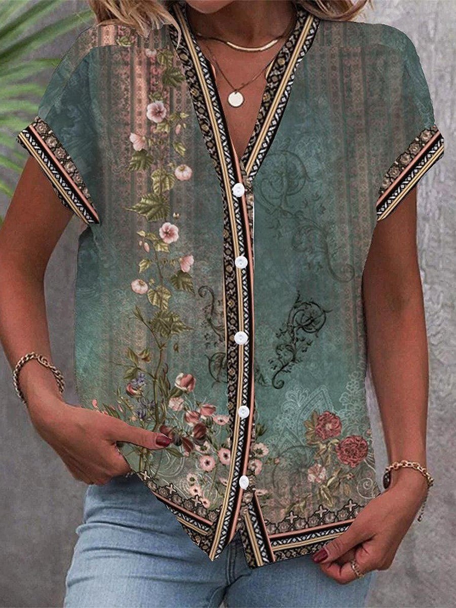 Women's chic boho floral print blouse with V-neck & short sleeves. Comfortable, perfect for spring/summer casual wear.