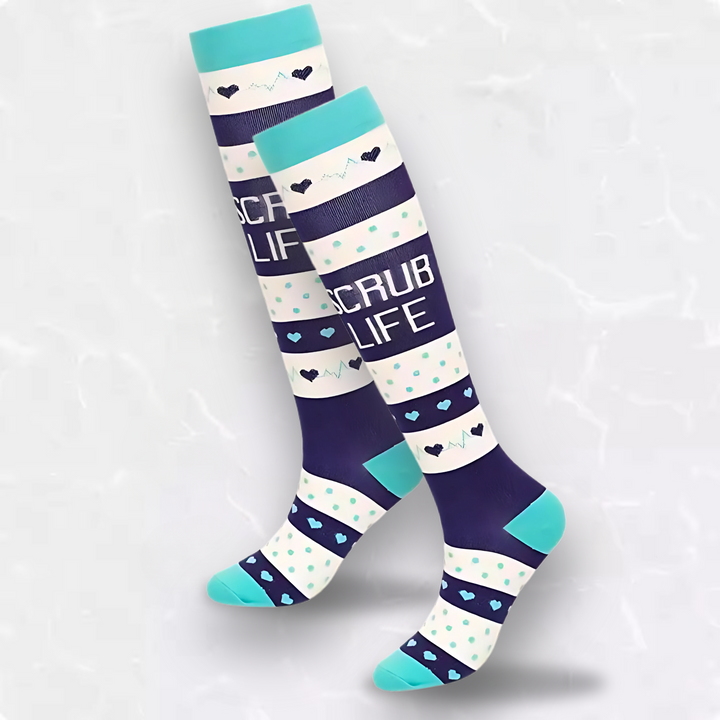 Stylish patterned compression socks for activewear & travel, providing all-day leg support & comfort.