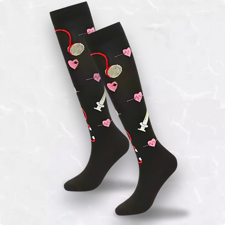 Ergonomic patterned compression socks, perfect for nurses & travelers needing leg pain relief.
