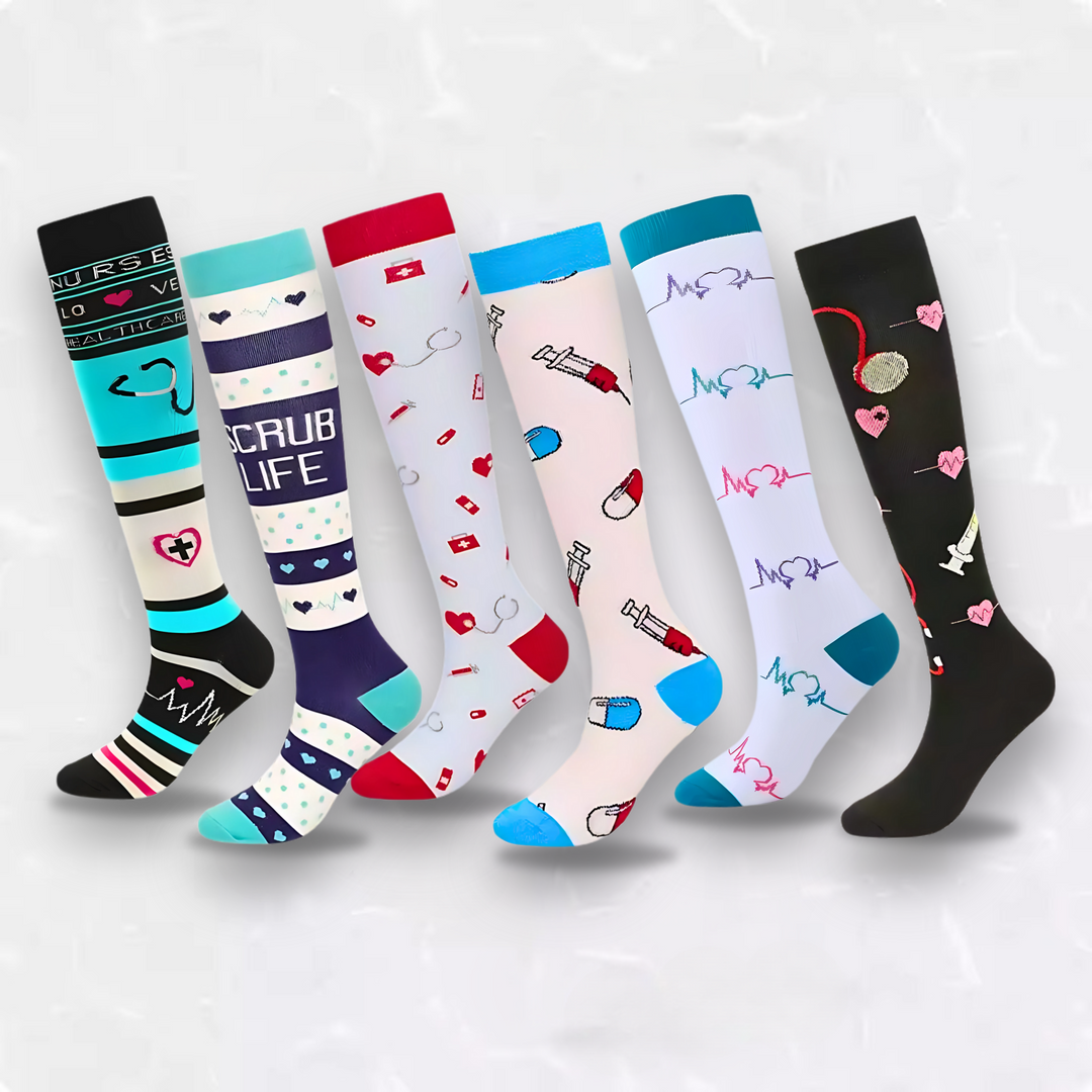 Unisex patterned compression socks for daily leg support, comfort & circulation boost.