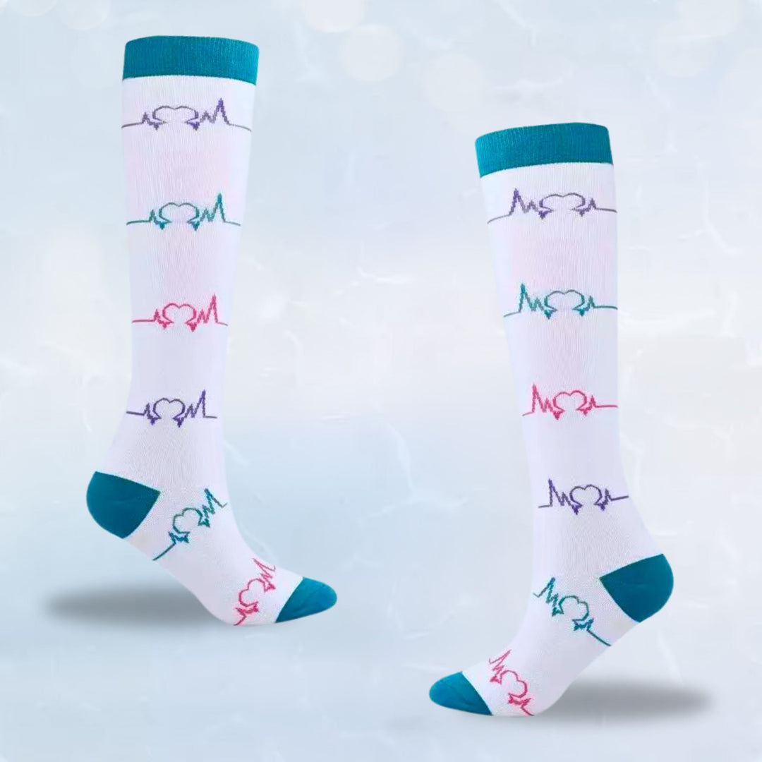 Fatigue & swelling relief socks; stylish patterned compression.