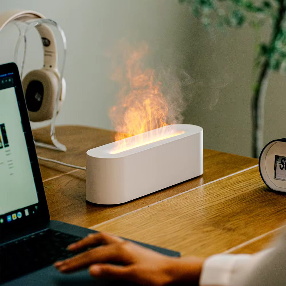 Modern flame diffuser and humidifier, an elegant home decor piece for living rooms and bedrooms.