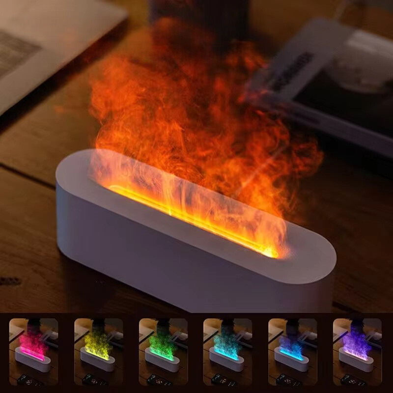 Relaxing LED aromatherapy diffuser creating a calming flame visual and releasing fragrant mist.