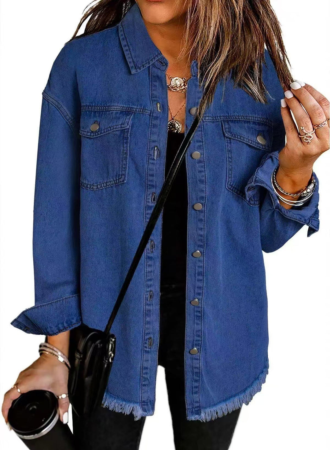 Stylish women's denim shacket. Button down jean jacket with a relaxed fit, great for everyday fashion.