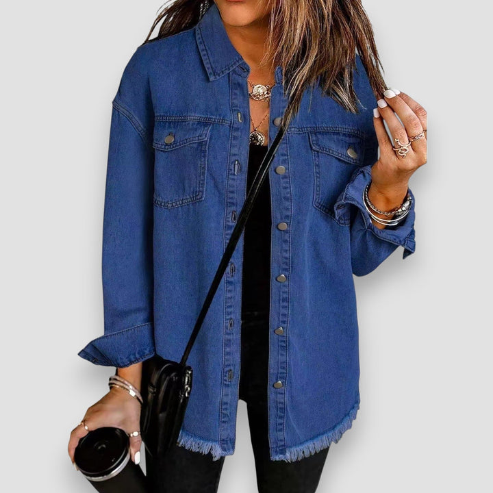 Women's relaxed fit button down denim shacket. Stylish jean jacket, perfect for casual wear & layering.