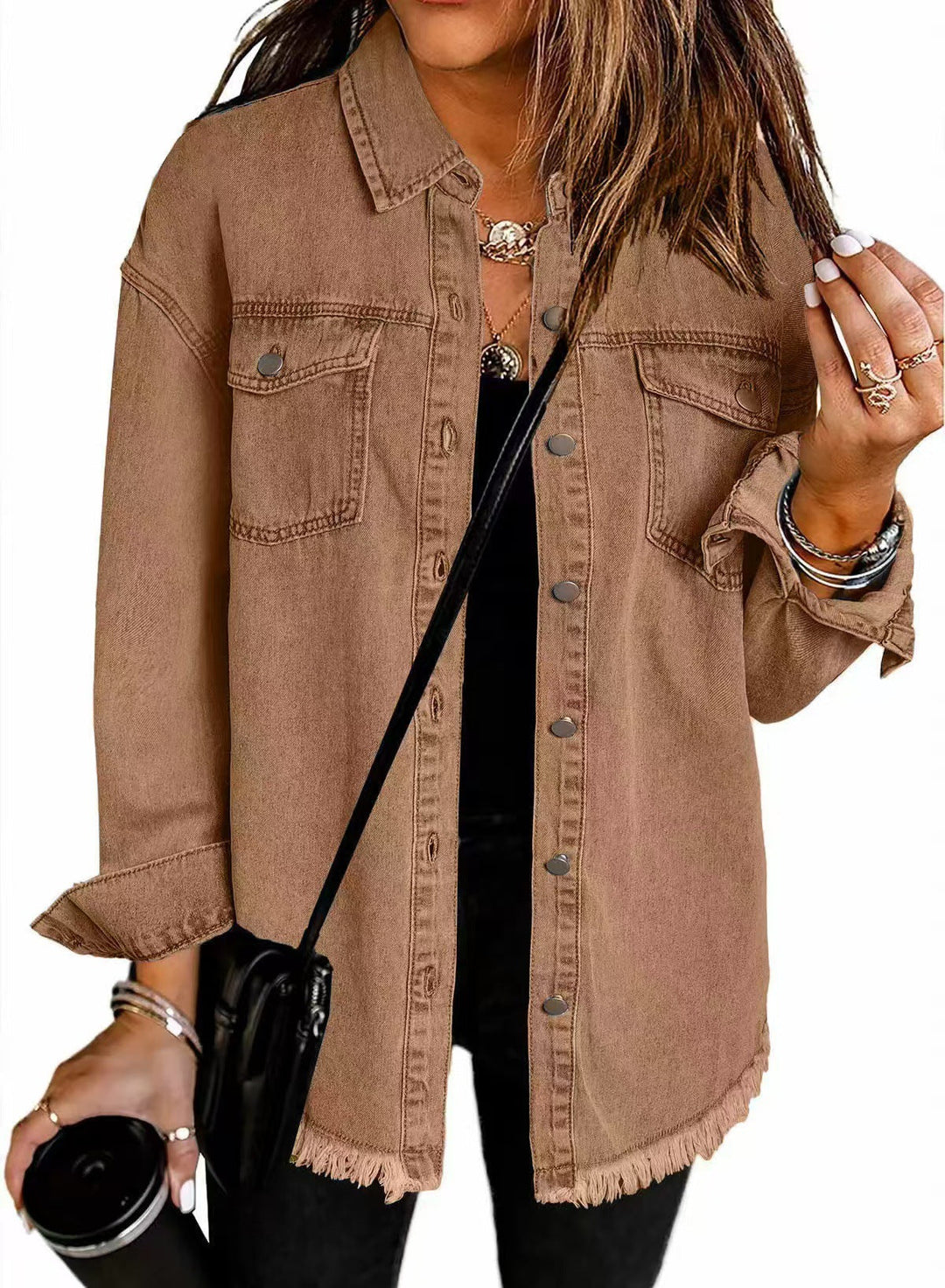 Denim longline button-down jacket for women. Stylish and relaxed, perfect for spring/fall fashion.
