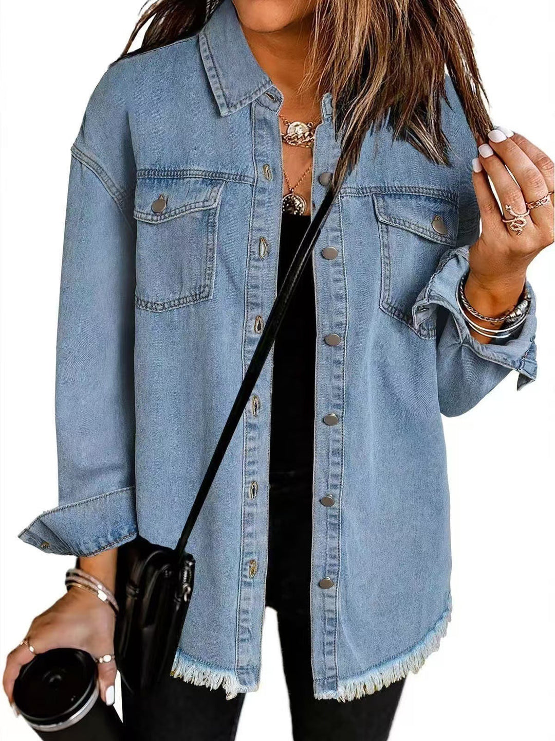 Versatile women's longline denim shacket. Button-down, oversized for fall & spring casual wear.