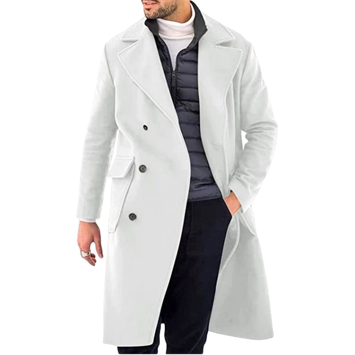 Elegant men's double-breasted trench coat featuring epaulettes. Versatile long outerwear for various occasions.