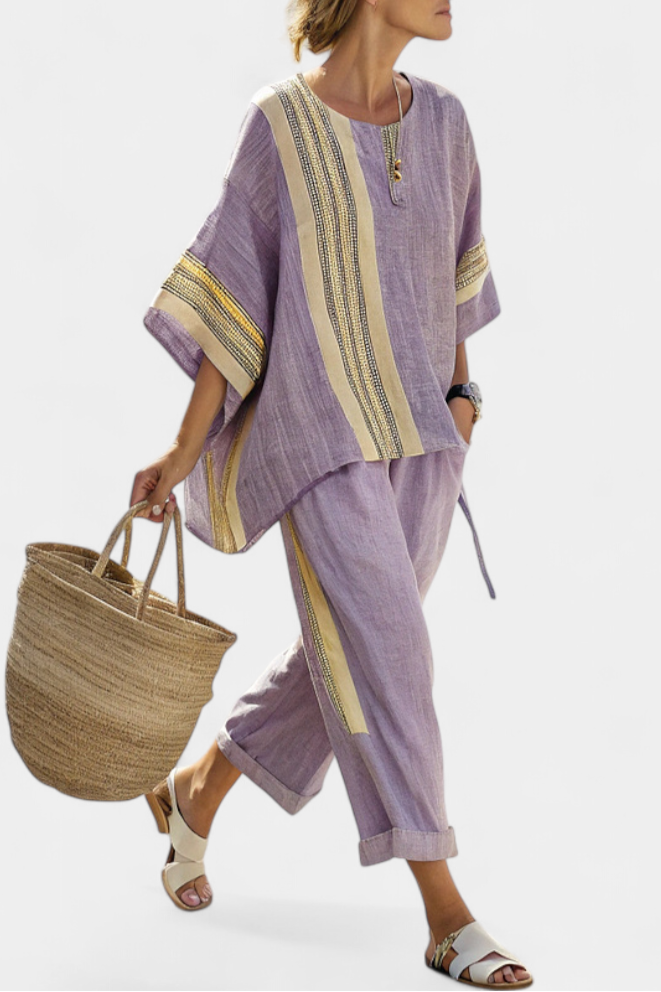 Women's chic contrast trim oversized top & wide leg pants matching set. Perfect for summer casual.