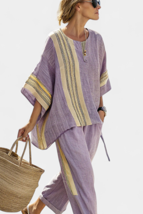 Bohemian women's two-piece set: contrast trim top, wide leg pants. Stylish for spring & summer resort wear.