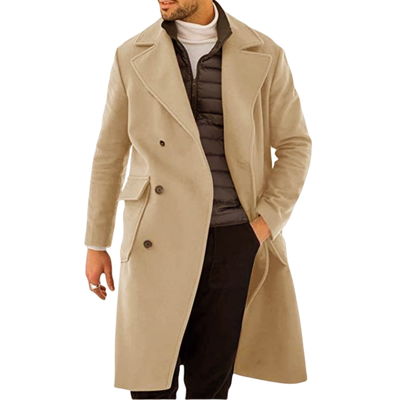 Stylish men's double-breasted trench coat. Long classic outerwear with epaulettes for formal or casual wear.