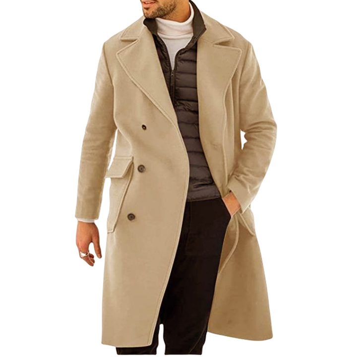 Stylish men's double-breasted trench coat. Long classic outerwear with epaulettes for formal or casual wear.