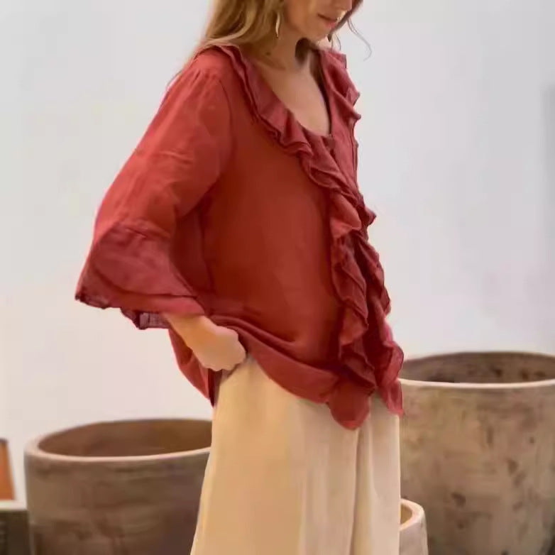 Comfortable women's ruffled 3/4 sleeve blouse, offering a stylish and chic option for any spring or summer occasion.