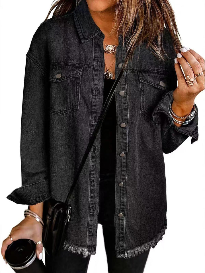 Trendy oversized jean jacket for women. Relaxed fit button down shacket, ideal fashion outerwear.