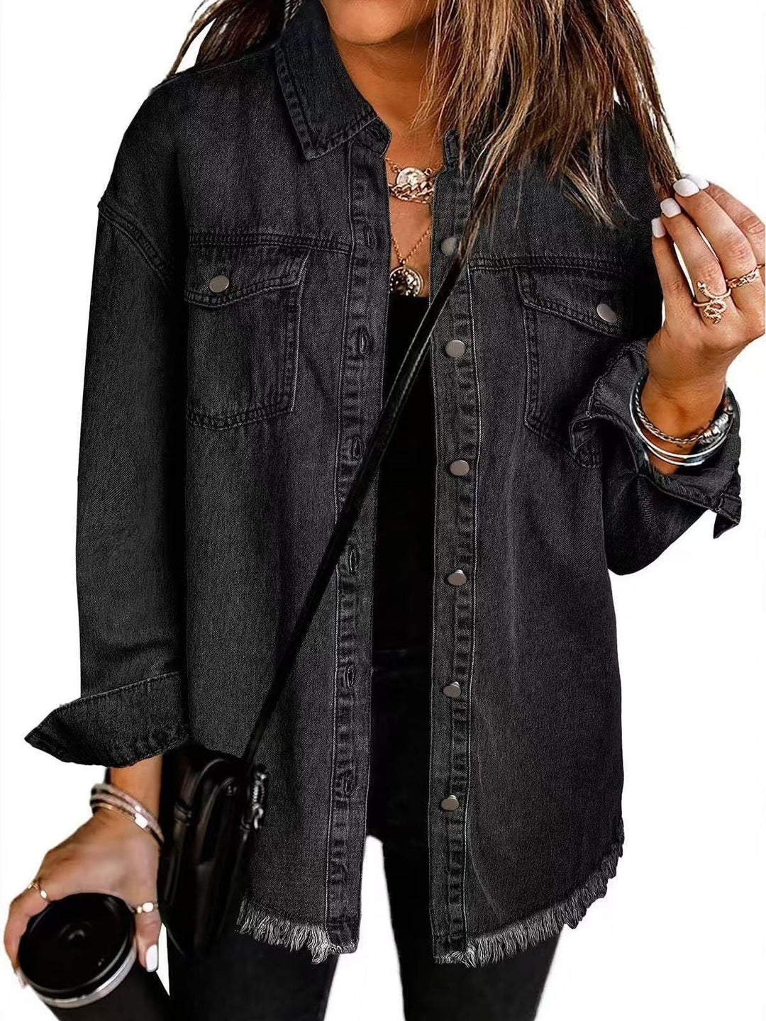 Women's chic longline denim jacket, button-down, relaxed fit. Perfect for casual layering outerwear.