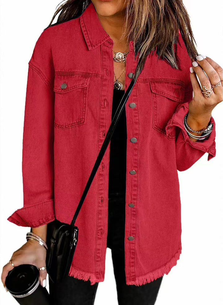 Women's longline shacket, oversized denim. Button-down design for comfortable, casual layering.