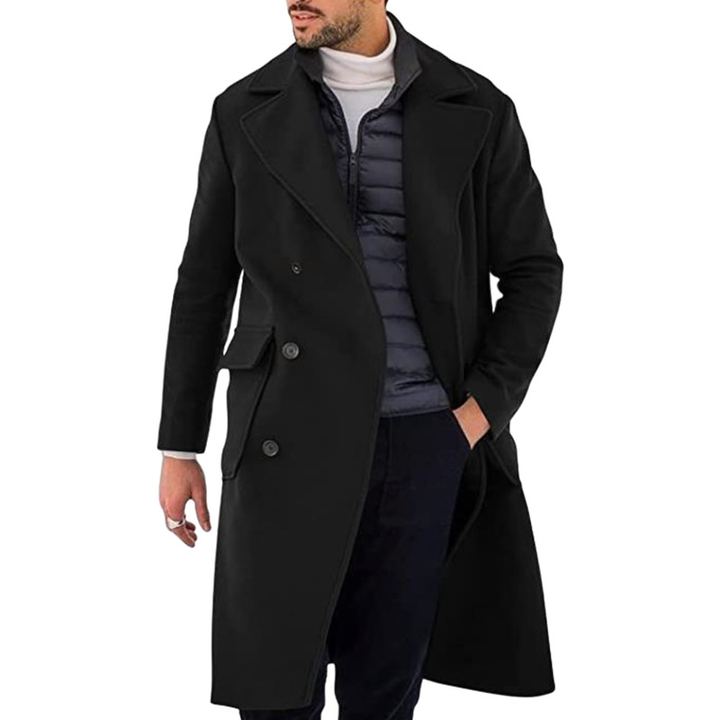 Men's classic double-breasted trench coat with epaulettes. Stylish long outerwear for fall and winter fashion.