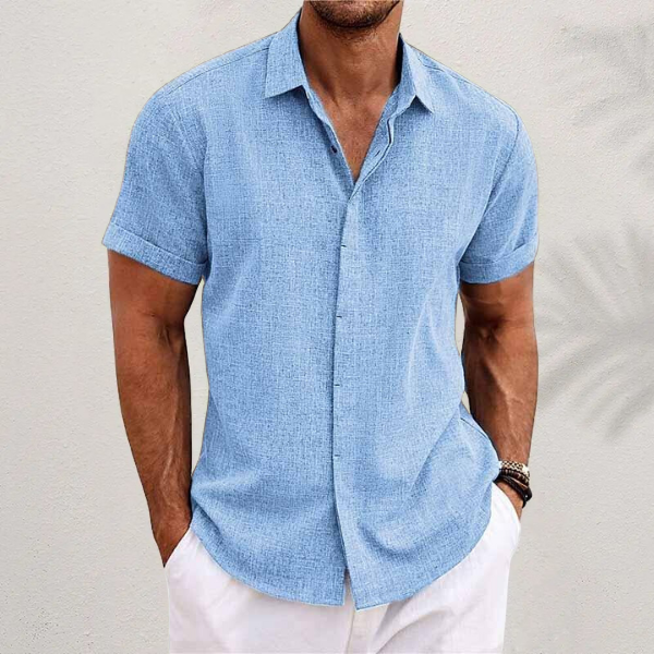 Front view of a classic men's short sleeve button-up shirt, perfect for smart casual summer style.