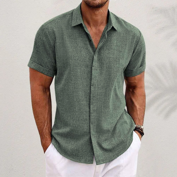 Versatile men's short sleeve button-up shirt, great for stylish casual summer wear & everyday comfort.