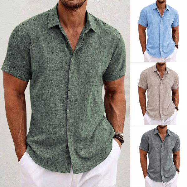 Stylish men's short sleeve button-up shirt, perfect for warm weather, casual outings, or summer vacation.