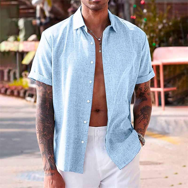 Classic men's short sleeve button-up shirt for summer; comfortable, versatile casual warm-weather wear.
