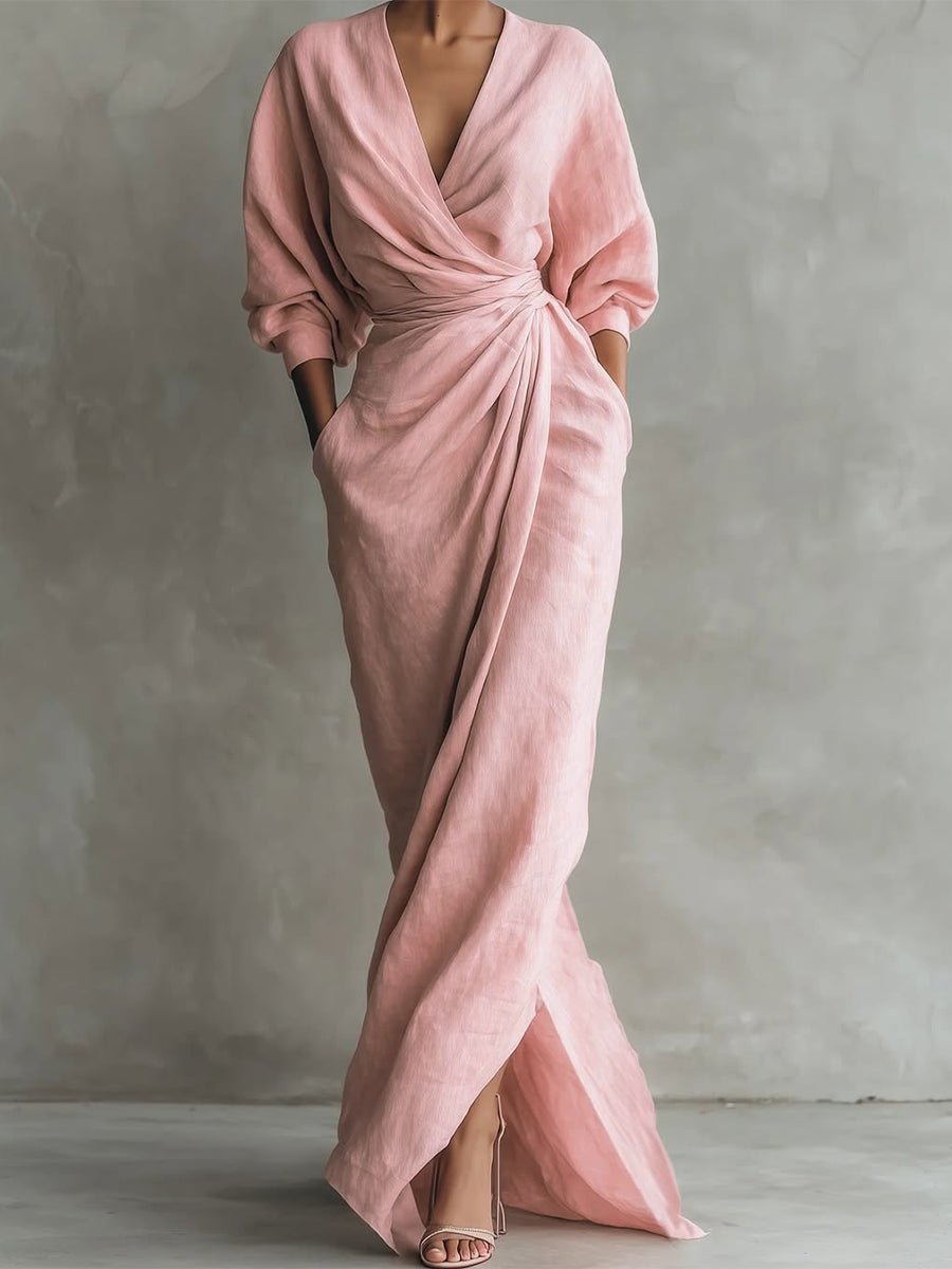 Elegant women's V-neck ruched wrap maxi dress with flattering 3/4 sleeves, perfect for evening or casual wear.