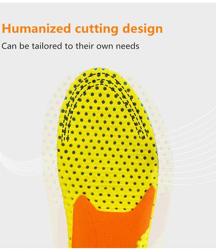 Pair of grey unisex insoles with arch support, designed for shock absorbing comfort.