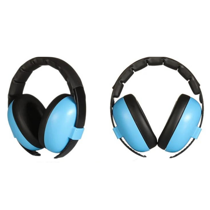 Baby safety earmuffs in soft fabric, offering noise reduction for children's comfort during travel & sleep.