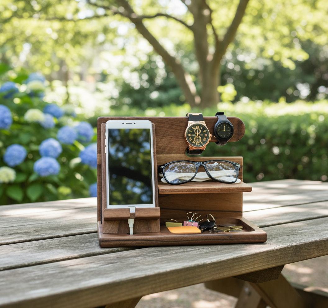 Brown wooden desk organizer for tidy workspace. Desktop storage for office supplies, modern home office decor.
