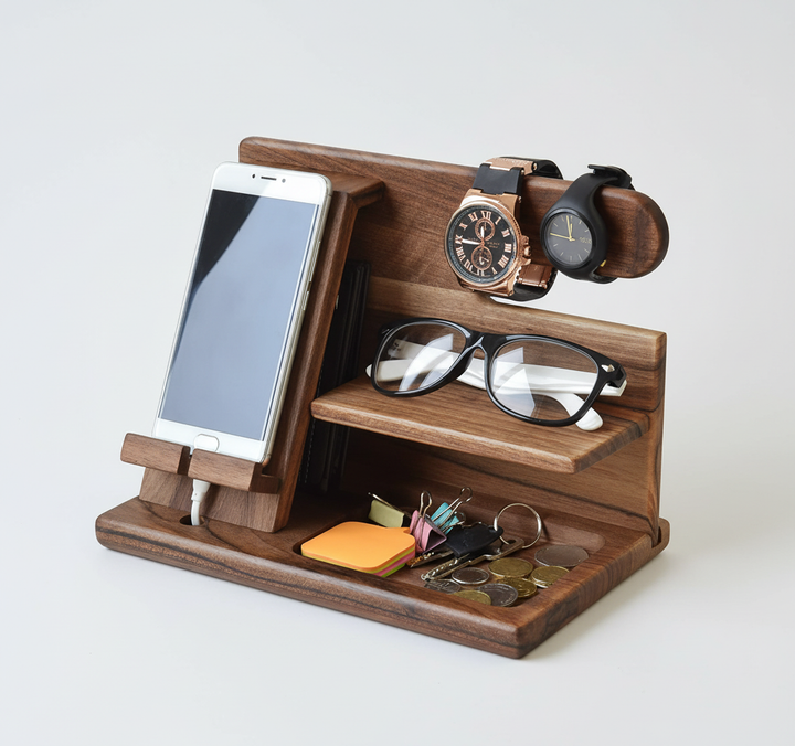 Modern wooden desk organizer featuring phone stand, watch holder & glasses slot. Perfect for neat desktop storage.