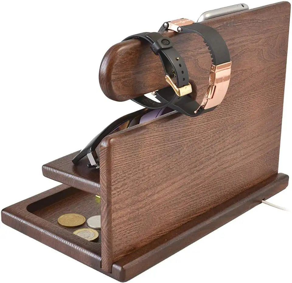 Unisex wooden desk organizer with phone stand, watch holder, glasses holder. Keeps office supplies & desktop tidy.