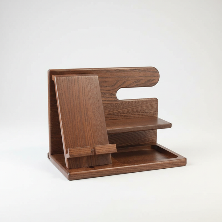 Elegant brown wood organizer for home office. Desktop storage solution with slots for phone, watch, glasses.