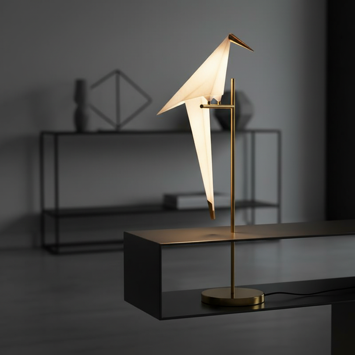 Modern origami-inspired LED lamp, sleek white design, versatile home lighting for desks & tables.