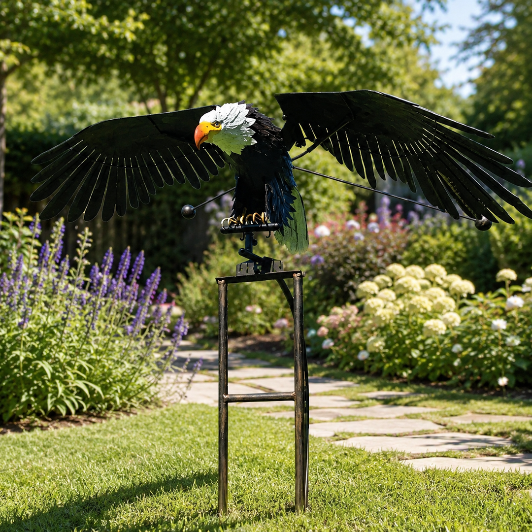 Dynamic flapping bird garden decor. Outdoor wind-powered yard art, perfect patio accent & garden sculpture.